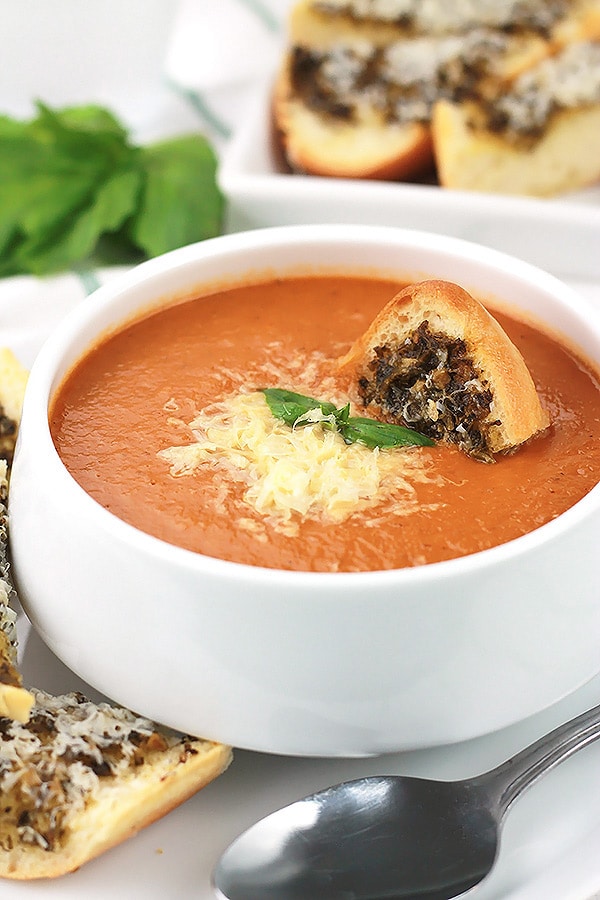 Creamy Tomato Basil Soup with a hidden ingredient to give your family an extra serving of veggies.
