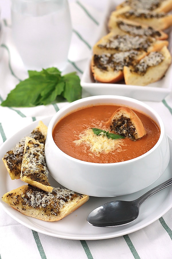 Creamy Tomato Basil Soup with hidden ingredients to give your family extra servings of veggies.