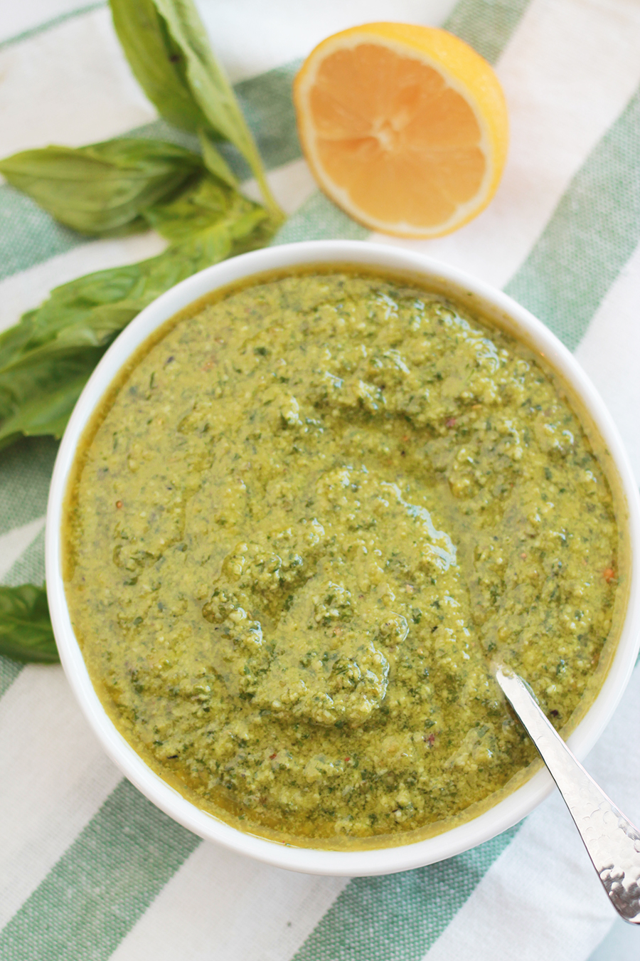 Over head shot of Vegan Pesto in white bowl.