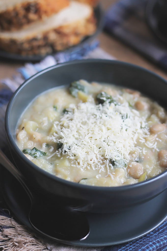 Northern Bean Cauliflower Soup, what could be better than a big bowl of soup, crusty bread and a warm cozy couch in front of a toasty fire.