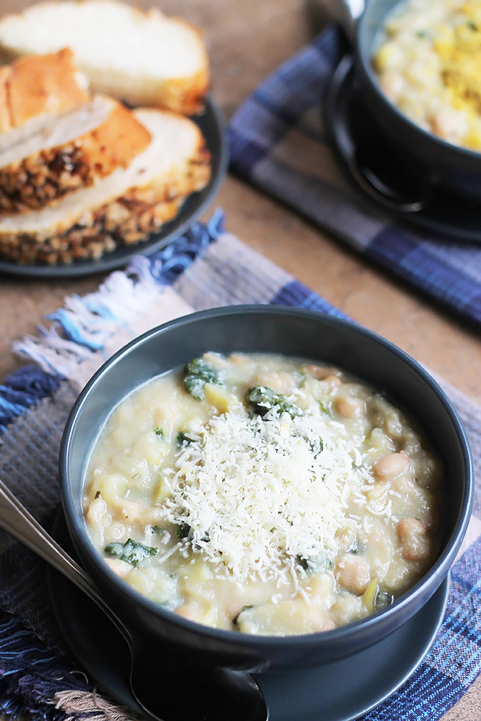 Northern Bean Cauliflower Soup, what could be better than a big bowl of soup, crusty bread and a warm cozy couch in front of a toasty fire.