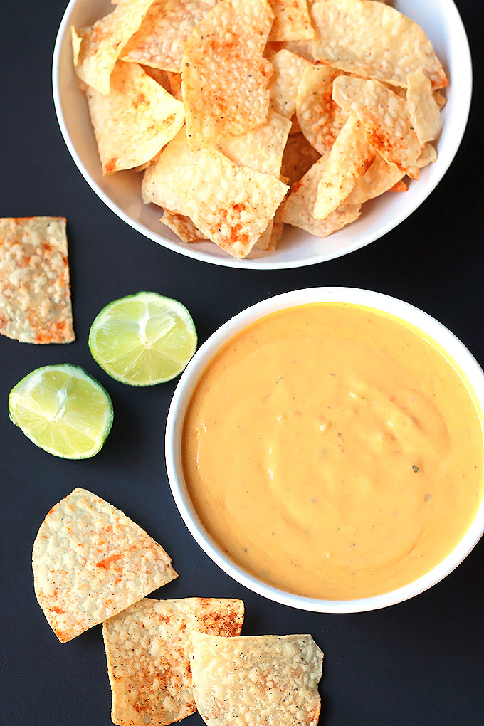 Vegan Queso with Spiced Tortilla Chips - Smooth, creamy and oh-so-delicious, you just might forget it's not real cheese.