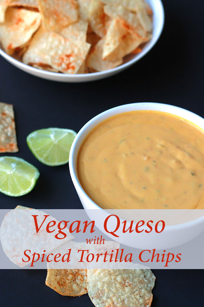 Vegan Queso with Spiced Tortilla Chips - Smooth, creamy and oh-so-delicious, you just might forget it's not real cheese.