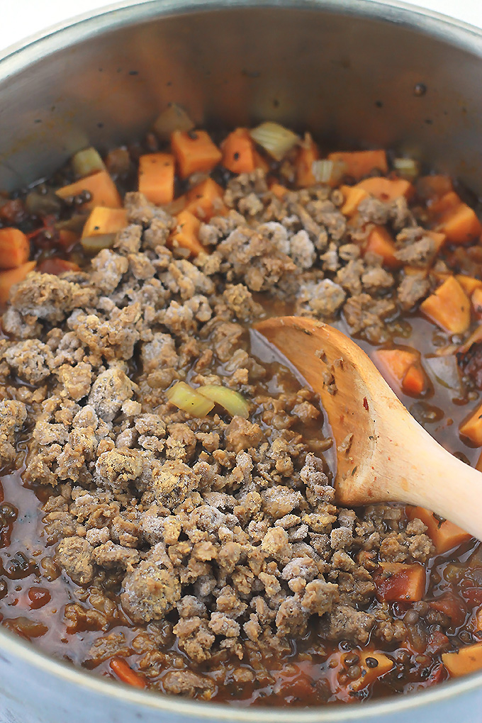 Sweet Potato, lentils, and MorningStar Farms meal starters crumbles make this stew perfect for those cold weather days.