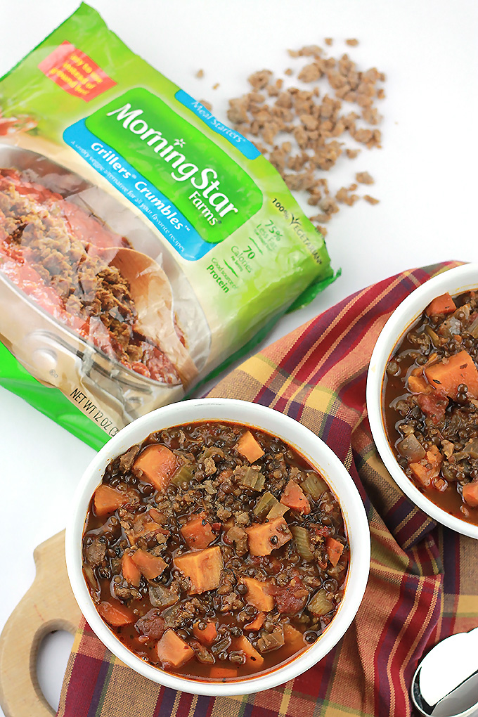 Sweet Potato, lentils, and MorningStar Farms meal starters crumbles make this stew perfect for those cold weather days.