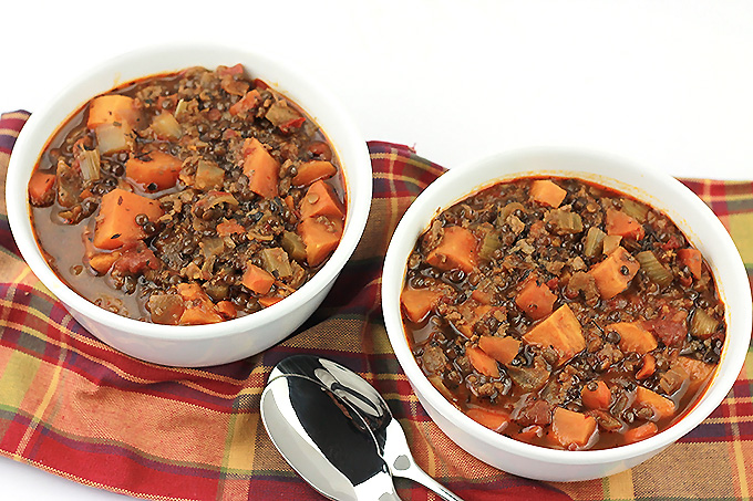 Sweet Potato, lentils, and MorningStar Farms meal starters crumbles make this stew perfect for those cold weather days.