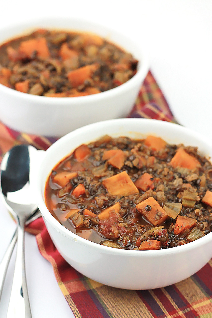 Sweet Potato, lentils, and MorningStar Farms meal starters crumbles make this stew perfect for those cold weather days.