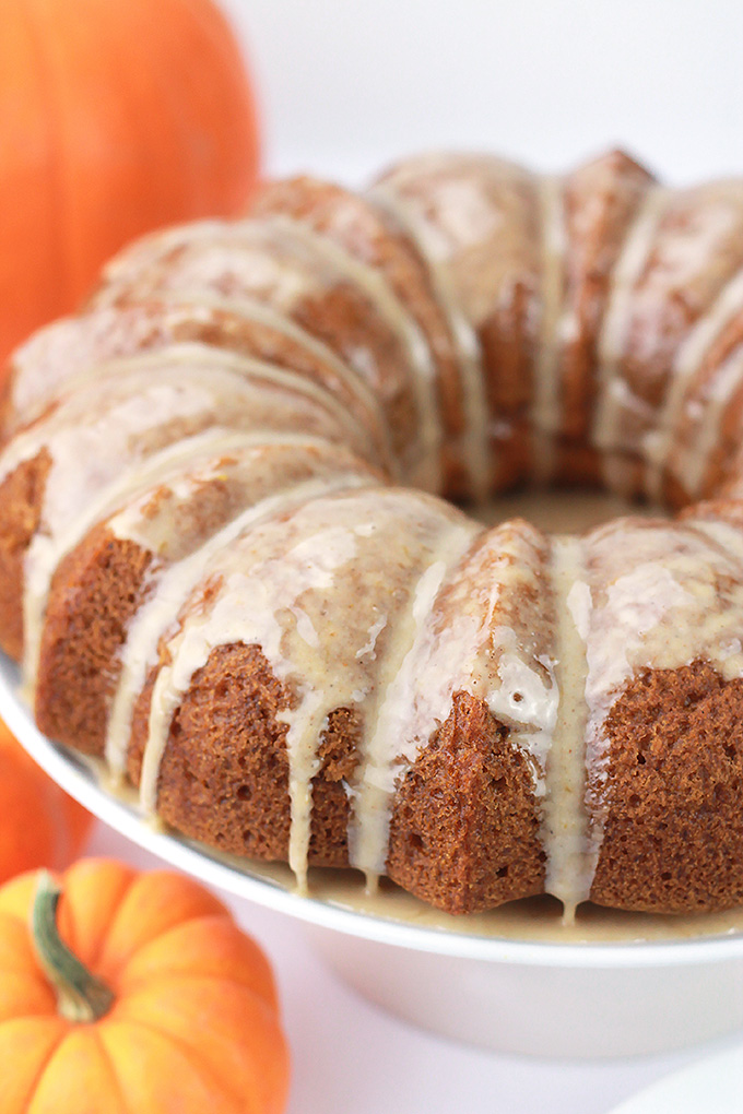 Pumpkin cake with pumpkin spice glaze.