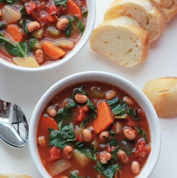 A new take on the old traditional New Year's Black-Eyed Peas and Collard, put them together in a hearty soup.