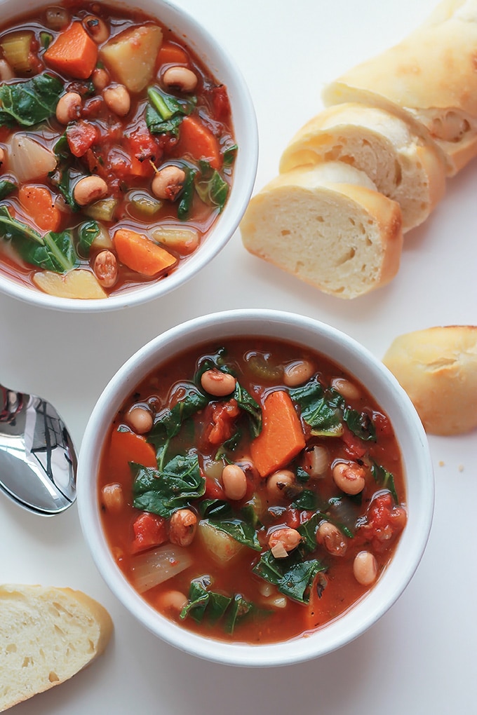 A new take on the old traditional New Year's Black-Eyed Peas and Collard, put them together in a hearty soup.