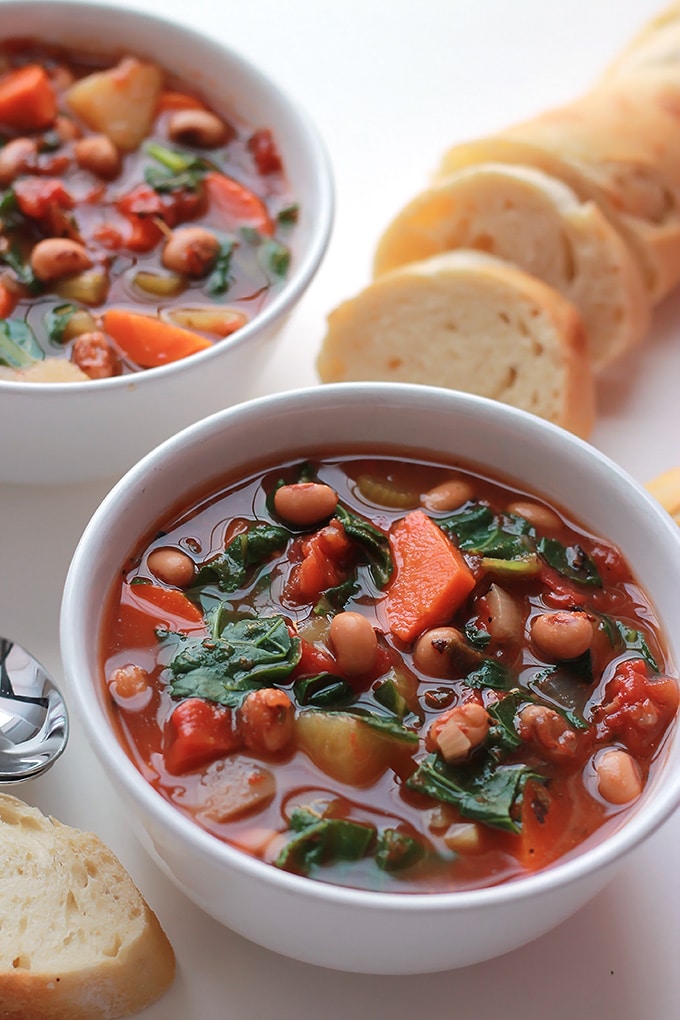 A new take on the old traditional New Year's Black-Eyed Peas and Collard, put them together in a hearty soup.