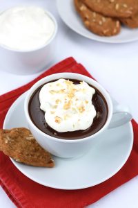 Cozy up with a cup of Decadent Dairy-Free Hot Chocolate topped with creamy coconut cream and toasted coconut.