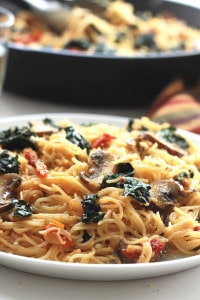 Simple, easy, full of flavor and ready in minutes. This Kale Mushroom Capellini will satisfy everyone at the dinner table.