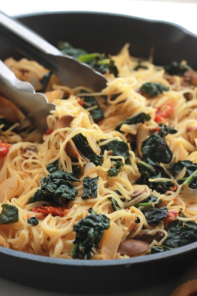 Simple, easy, full of flavor and ready in minutes. This Kale Mushroom Capellini will satisfy everyone at the dinner table.