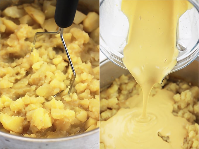 Smashed potatoes on the left and blended vegan cheese on the right.