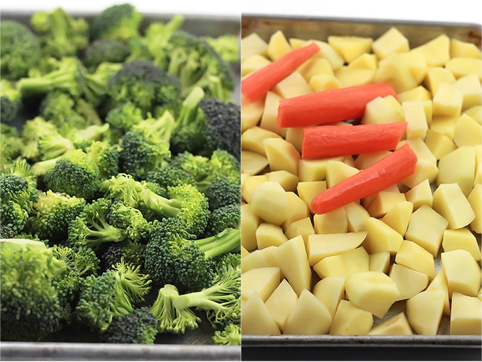 Pan of broccoli on the left and pan of potatoes and carrots on the right.