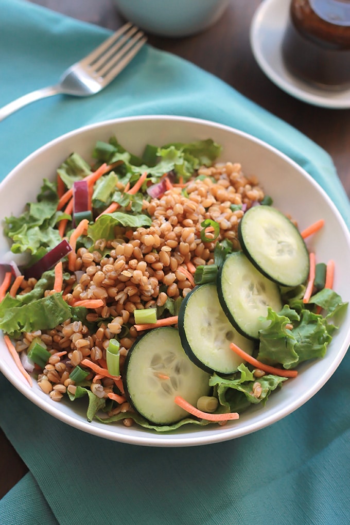 Bowl filled with cooked wheat berries, salad greens and cucumbers.