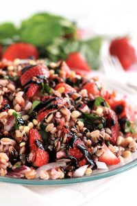 The tender bite of Farro, sweetness of Strawberries and the earthiness of fresh basil makes this Strawberry Basil Farro Salad the perfect combination of sweet and savory.
