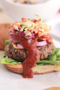 Simply delicious and full of flavor, you have to give this Black Bean Farro Burger a try, and serve it with this super tasty Spicy Slaw.
