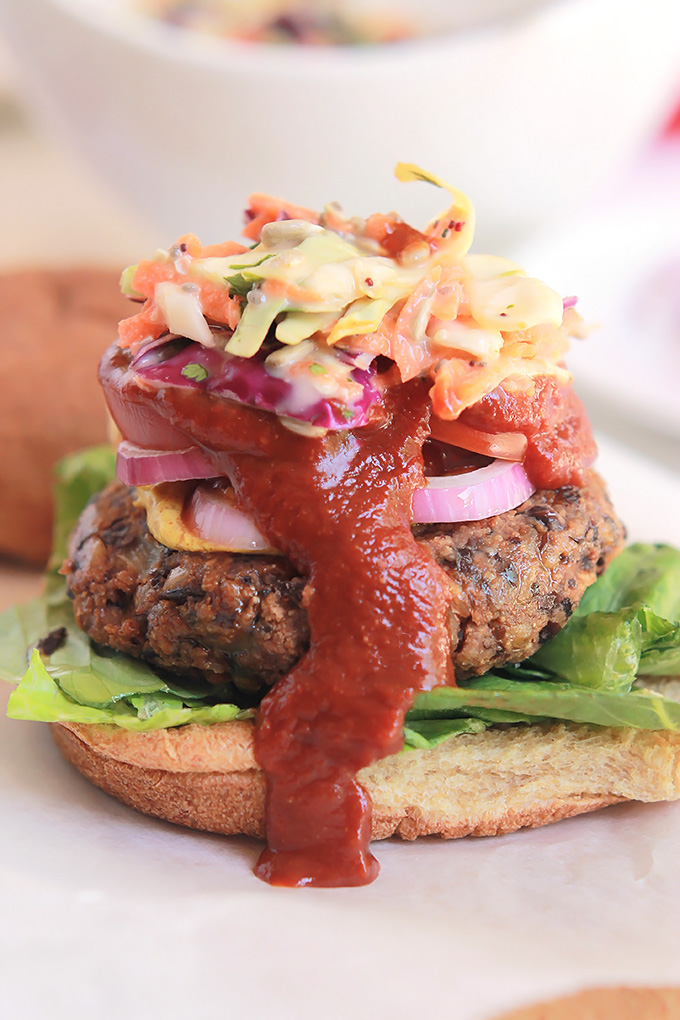 Black bean burger with spicy slaw.