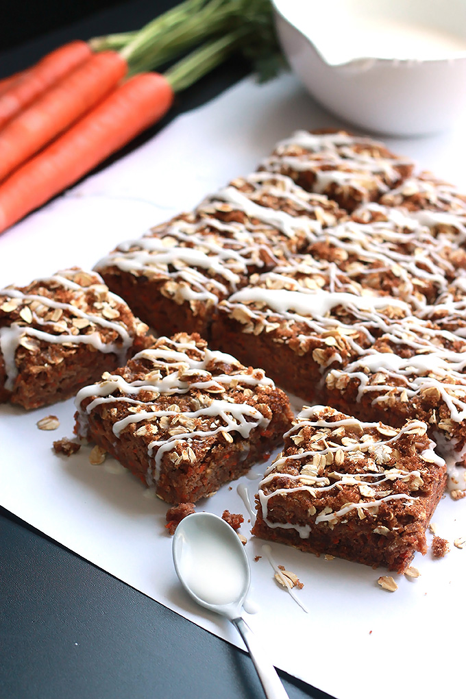 Carrot for breakfast, why not when they're in these moist delicious Carrot Cake Bars topped with brown sugar, oats and a sweet citrus glaze.