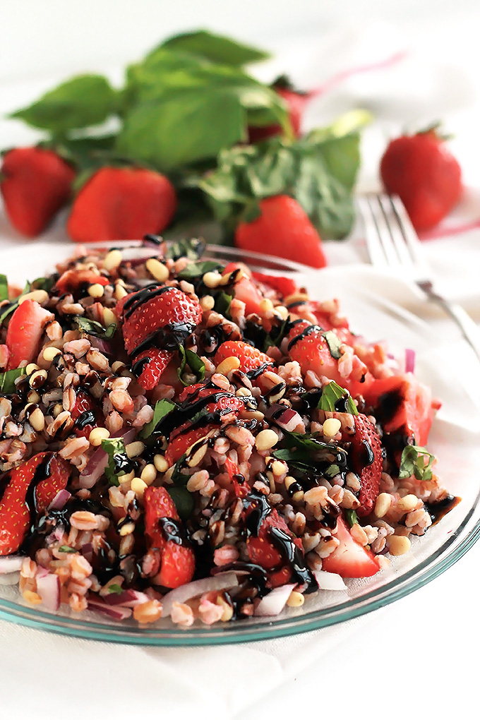 Strawberry basil farro salad on plate.