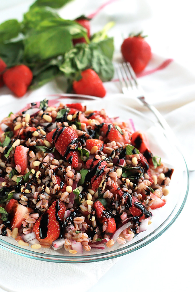 The tender bite of Farro, sweetness of Strawberries and the earthiness of fresh basil makes this Strawberry Basil Farro Salad the perfect combination of sweet and savory.