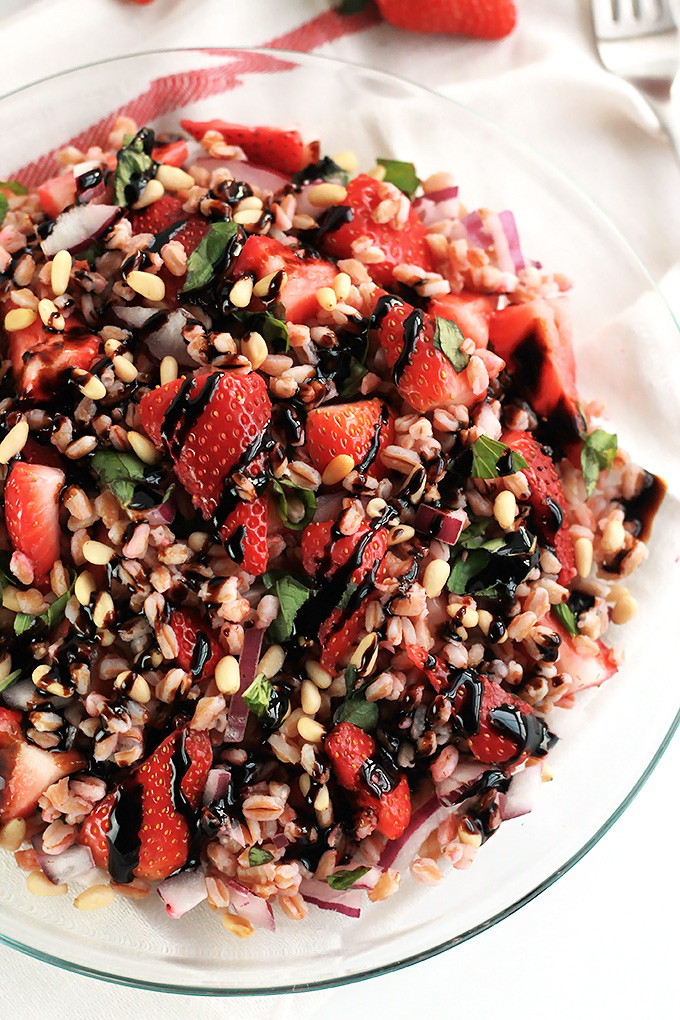 The tender bite of Farro, sweetness of Strawberries and the earthiness of fresh basil makes this Strawberry Basil Farro Salad the perfect combination of sweet and savory.