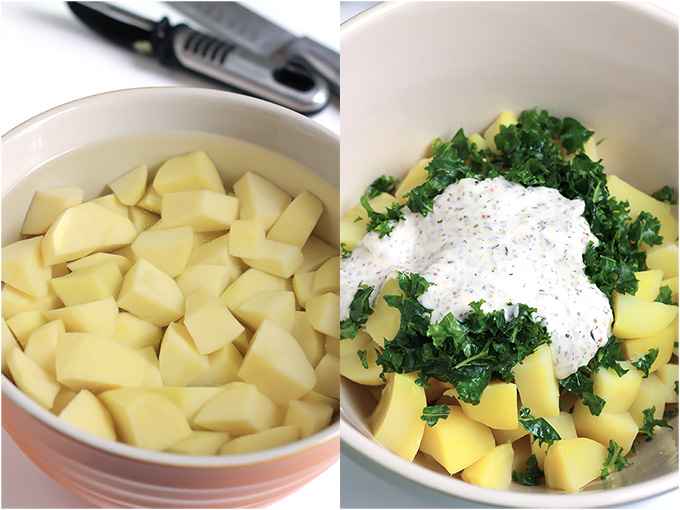 Bowl of diced yukon gold potatoes in water and cooked diced potatoes with chopped kale and dressing in bowl.