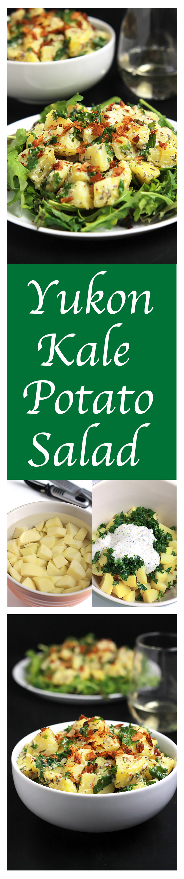 Yukon Kale Potato Salad-Sweet golden potatoes and chopped kale tossed together in a creamy dressing, garnished with a sprinkling of coconut bacon. A delicious twist to a traditional summer side for the vegetarians or vegans in the crowd.
