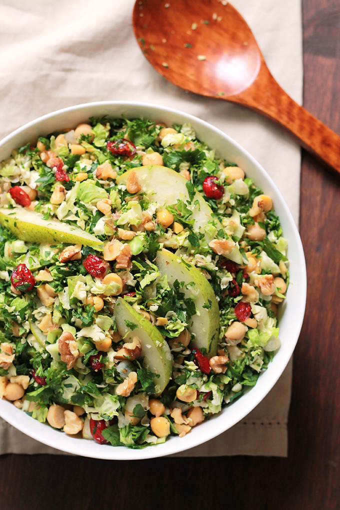 Shaved brussels sprouts thinly sliced pear with a mix of parsley. This simple Pear-Brussels Sprout Salad is fresh, crisp and full of flavor, perfect for warm Spring days.