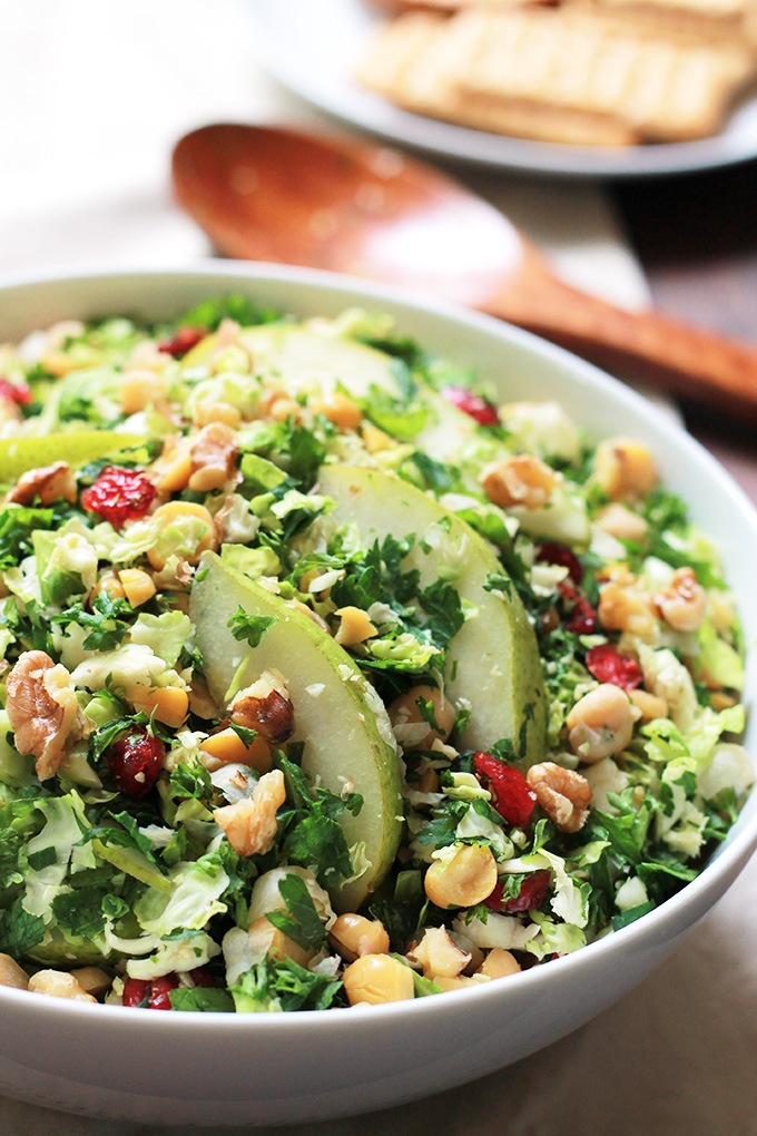 Shaved brussels sprouts thinly sliced pear with a mix of parsley. This simple Pear-Brussels Sprout Salad is fresh, crisp and full of flavor, perfect for warm Spring days.