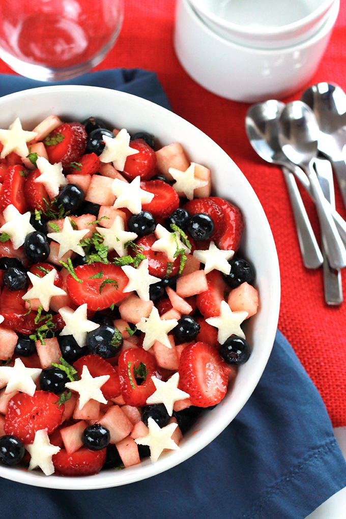 Overhead shot bowl of Strawberry Blueberry and star shape Jicama in a bowl.