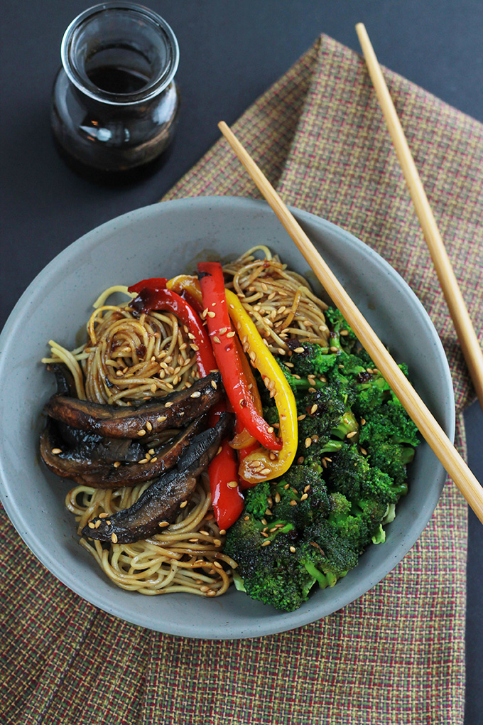 Above bowl of Spicy Ramen Vegetable Stir-Fry with chopsticks.