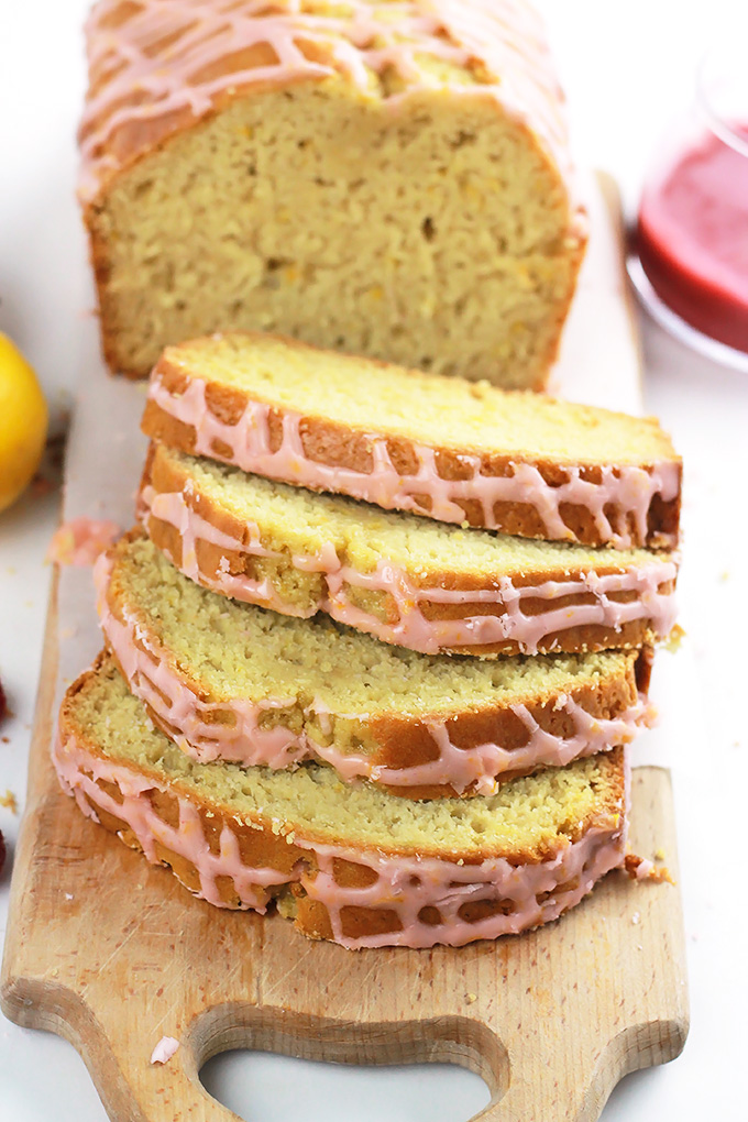 Lemon Loaf with Raspberry Sauce-The fresh sweet and tart flavors of raspberry and lemon pair together beautifully. This fresh treat is perfect for early mornings on the patio with a cup of coffee or tea. 