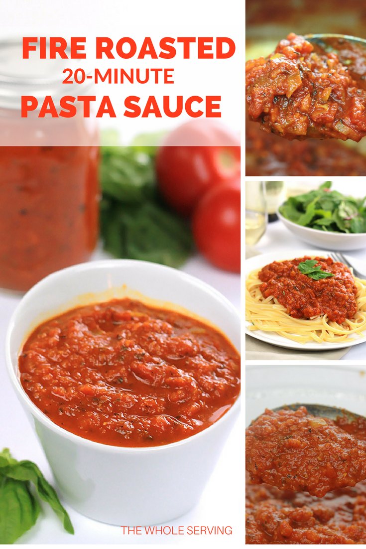 Thick, rich and full of flavor, this Fire Roasted 20-Minute Pasta Sauce will have you giving up your store purchased sauce.  Serve it with your favorite pasta, or use it as a pizza sauce.