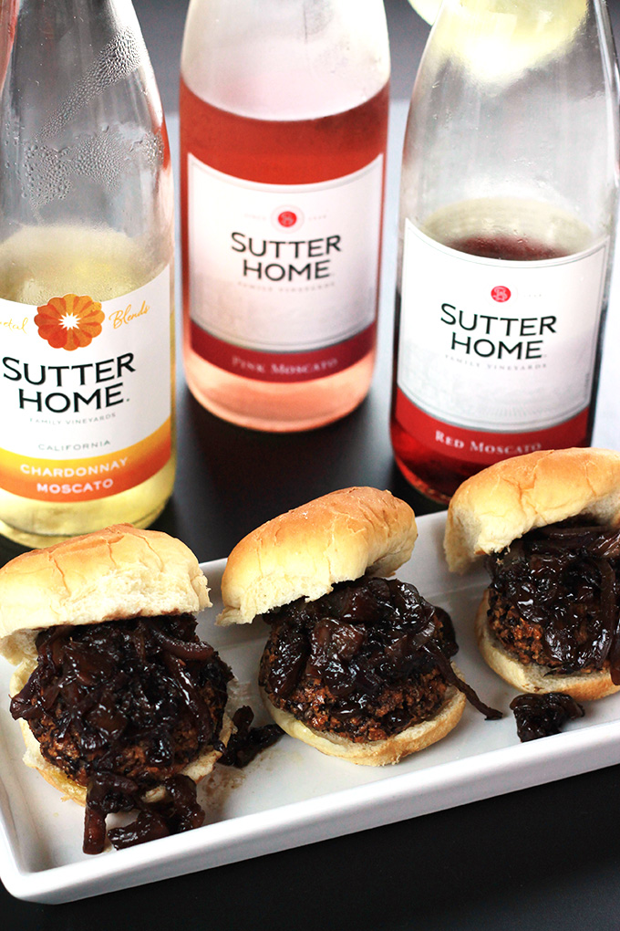 Veggie Sliders with Balsamic Caramelized Onions served with Sutter Home Moscato Blends, making summer entertaining fun. 