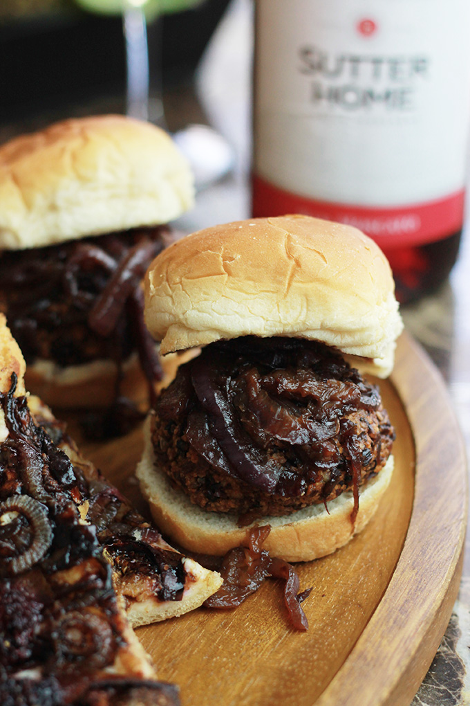 Veggie Sliders with Balsamic Caramelized Onions served with Sutter Home Moscato Blends, making summer entertaining fun. 