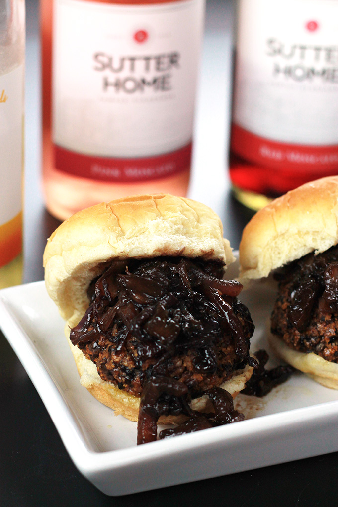 Veggie Sliders with Balsamic Caramelized Onions served with Sutter Home Moscato Blends, making summer entertaining fun. 