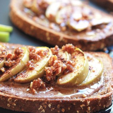 Think Cinnamon toast, but with almond butter, apple slices a touch of sweetness from an almond date crumble and a final drizzle of agave. Almond Butter Apple Cinnamon Toast is my twist on an old after-school favorite.