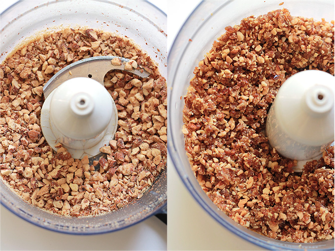 Almond and dates in food processor.