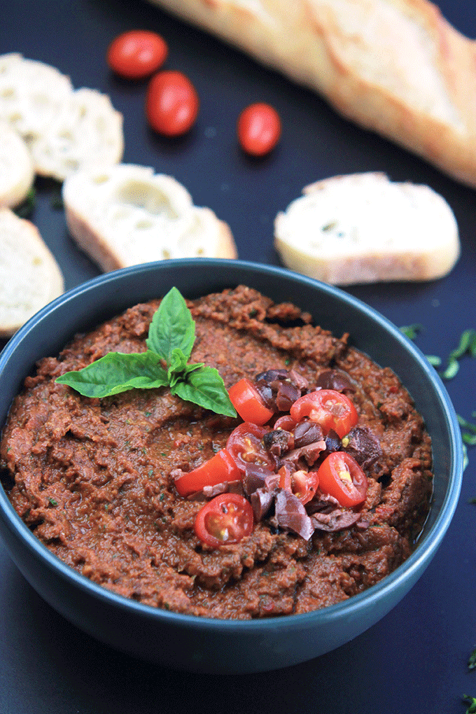 This Sun-Dried Tomato Tapenade is filled with nutrients like potassium, iron, thiamine, riboflavin, niacin and cell protecting oleic acid from the olives. Not only is it healthy, it's delicious.