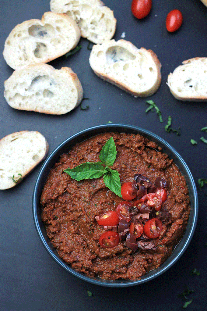 This Sun-Dried Tomato Tapenade is filled with nutrients like potassium, iron, thiamine, riboflavin, niacin and cell protecting oleic acid from the olives. Not only is it healthy, it's delicious.