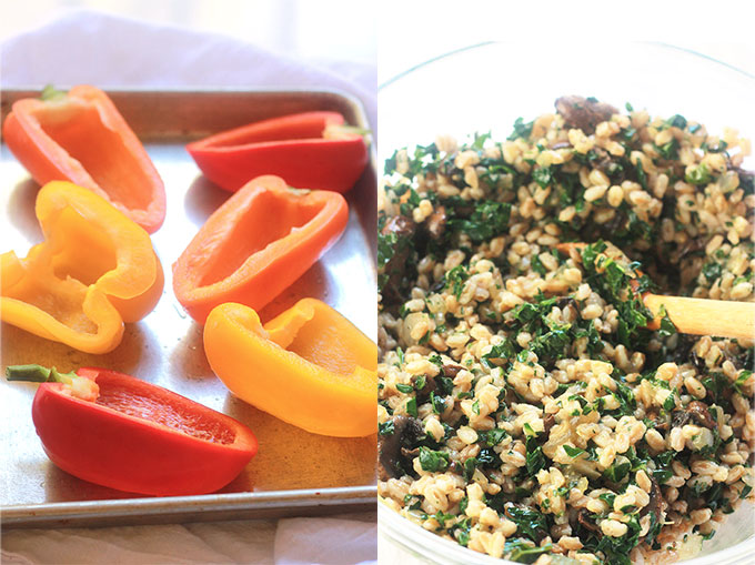 Kale & Farro Stuffed Peppers-Packed full of nutritious farro filled with protein and fiber. Perfect weeknight dinner with a large green salad.