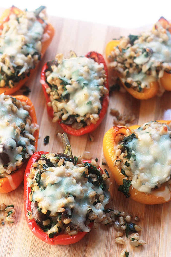 Kale & Farro Stuffed Peppers-Packed full of nutritious farro filled with protein and fiber. Perfect weeknight dinner with a large green salad.