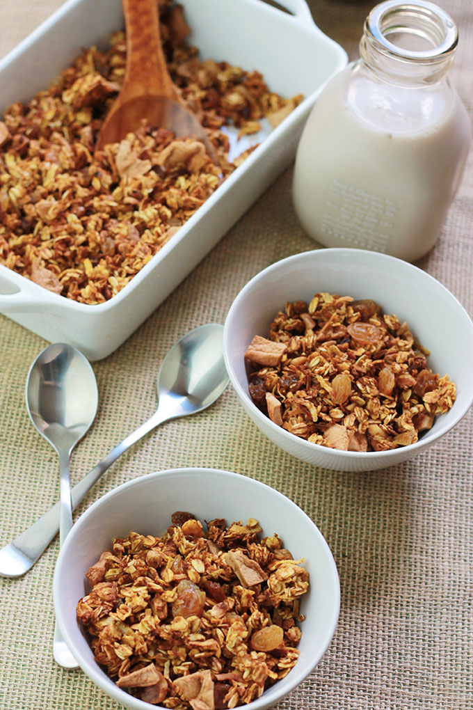 Pumpkin Apple Cinnamon Granola in bowls with milk bottle behind bowls.