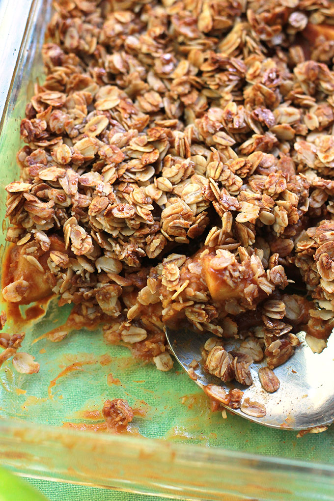 Gluten-Free Pumpkin Apple Crisp - Sliced and diced Granny Smith apples tossed in a pumpkin molasses mixture, topped with a lightly sweetened crumb topping. A new take on an old fall classic.