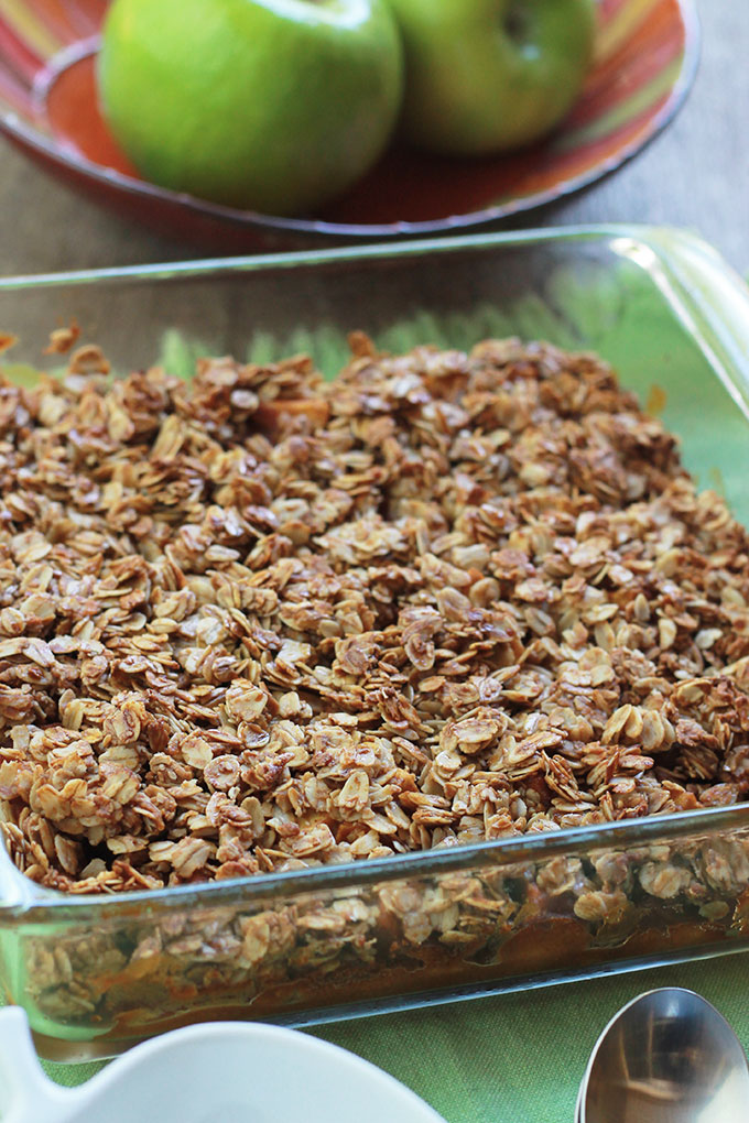 Glass pan withGluten-free baked Pumpkin apple crisp