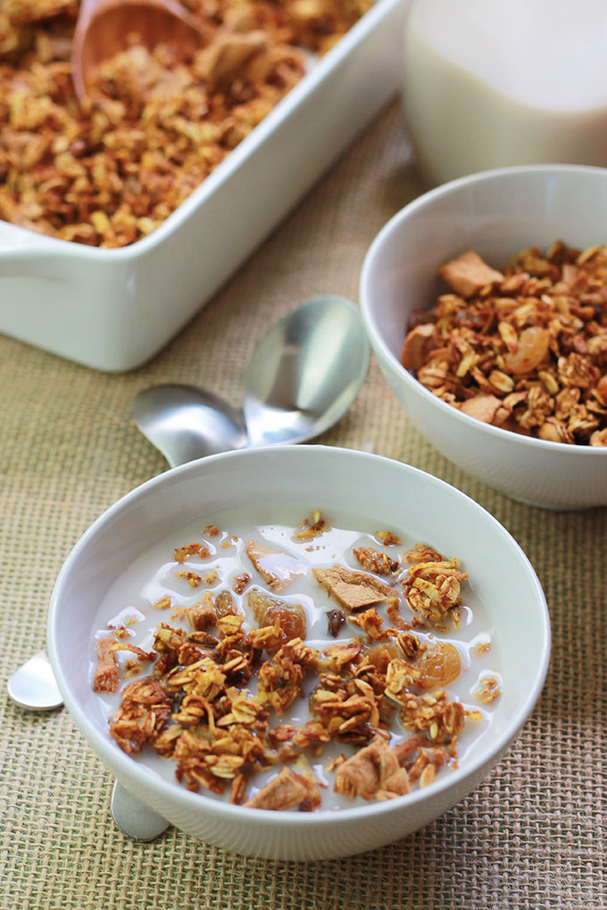 Pumpkin Apple Cinnamon Granola in a bowl with almond milk.