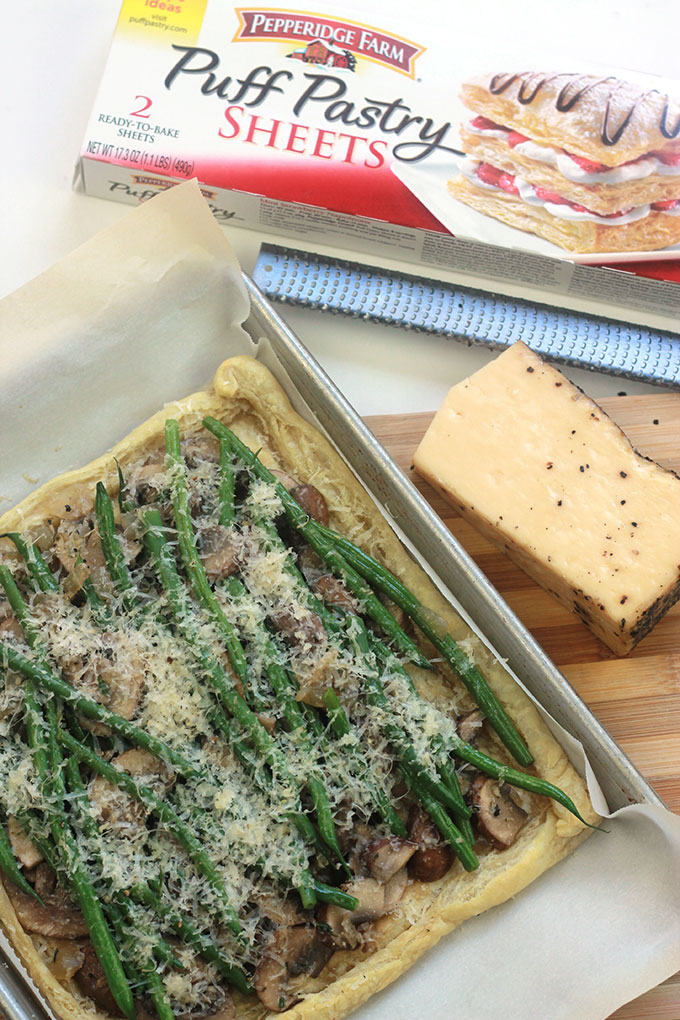 Rustic and savory Easy Mushroom Green Bean Tart. Great dish for a Black Friday brunch, perfect way to use Thanksgiving leftovers.